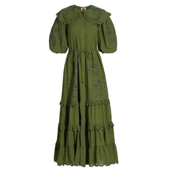 FARM RIO Humming Bird Richelieu Tiered Maxi Dress Size M NWT Green Forest Fairy - Picture 4 of 14